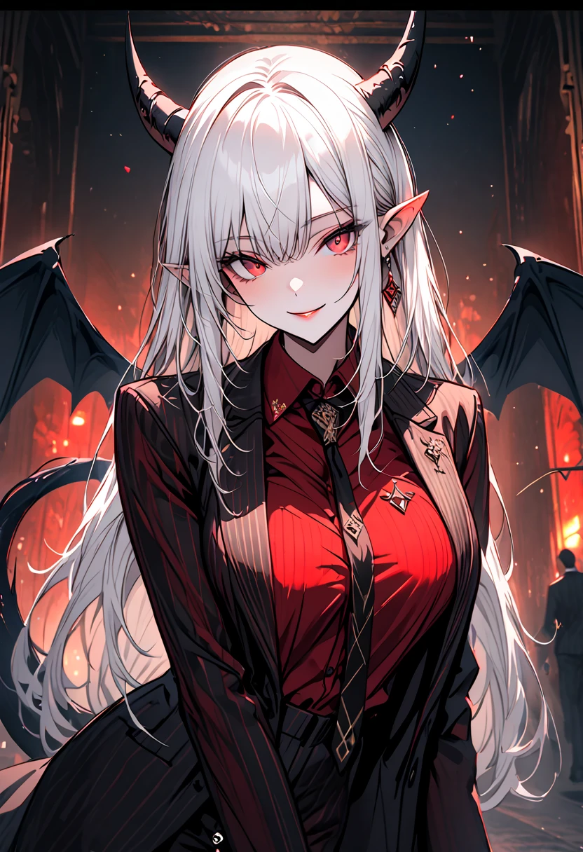 Alone, female, long white hair, straight hair,  black goat horn  ,  short pointed ears ,  red eyes,  cleft pupil ,   big boobs, Tall,  black men's suit , red shirt,  spade tail ,  black devil wings ,  black striped suit ,  pinstripe pants ,  smile ,  walking,  luxurious ,  squat on a curvy , warm, Close , fur collar jacket :1.4, smoky atmosphere, Close , Unwrapped the shirt, Split :0.3, Reach out, I reach out my hand to you, Outside view, night sky