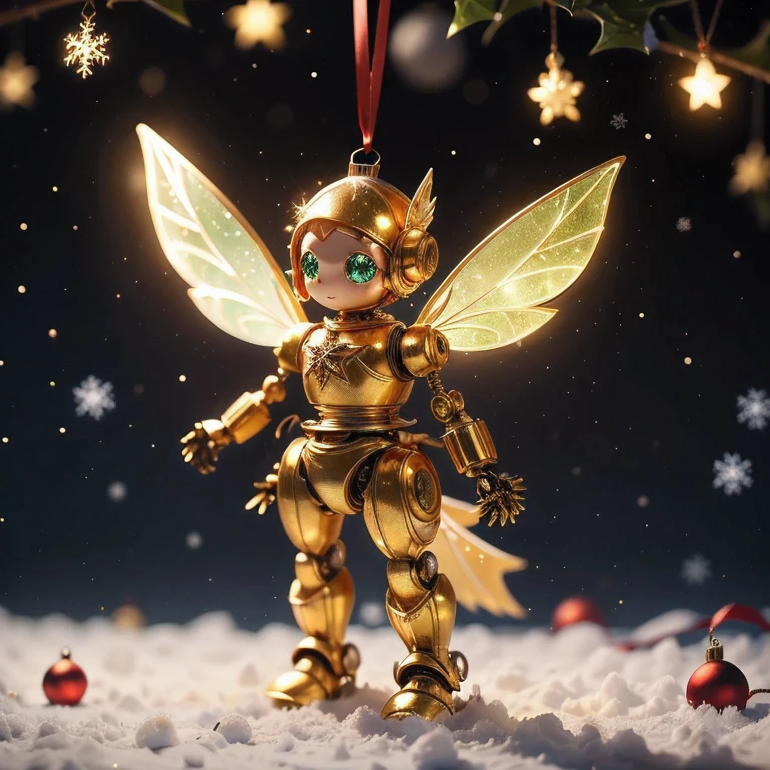  sparkling ornament , Small robot , Christmas fairy , wing, emerald green and golden, star-shaped ornament, Cute design,  Snowflakes ,  Illuminations,  gentle expression,  full body