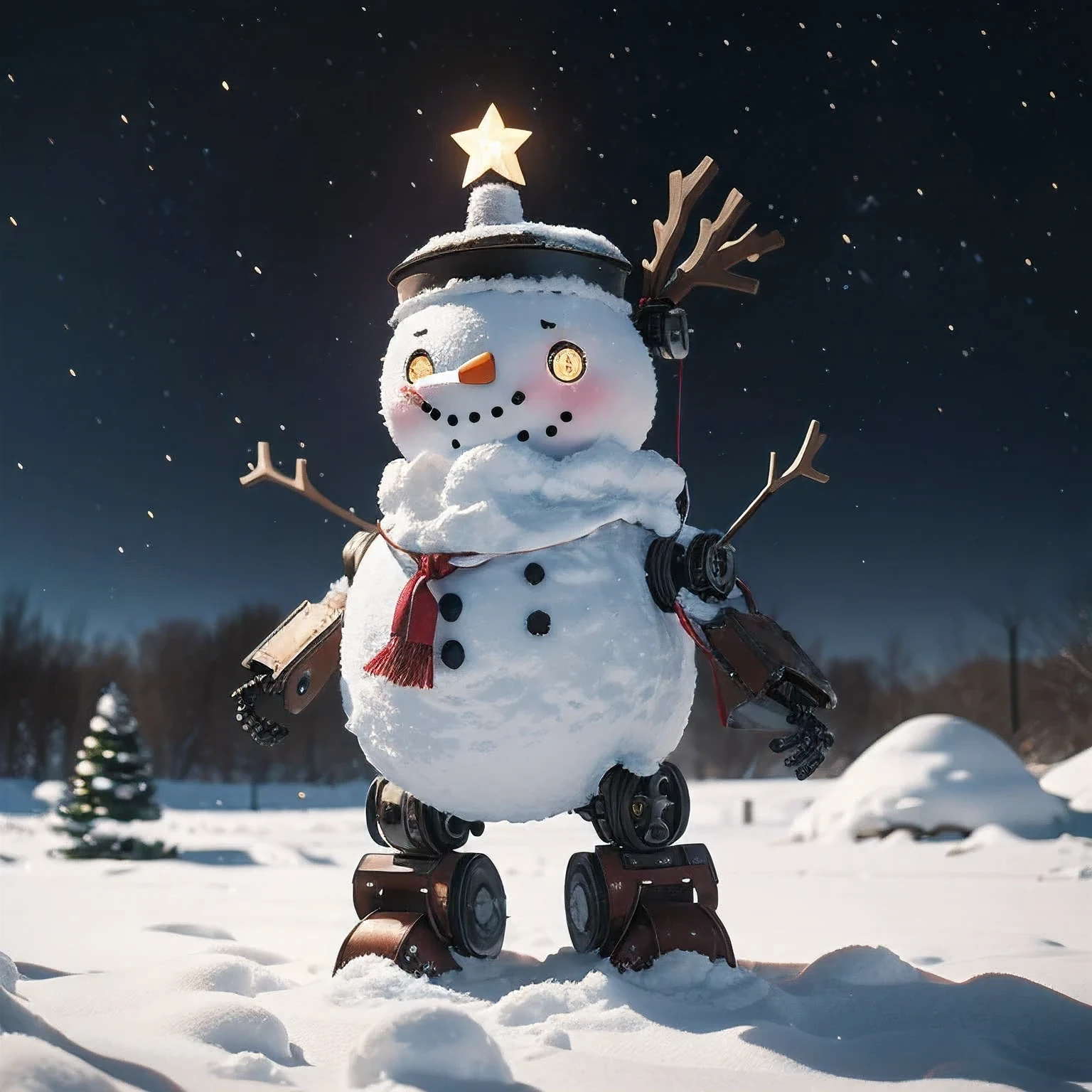 Snowfield,  Christmas,  robot ,  Snowman Shape , Cute Japanese Middle School Idol with LED Eyes ,  red muffler ,  Steampunk Style , metal body ,  Glowing Star Ornament, Holiday Mood ,  full body