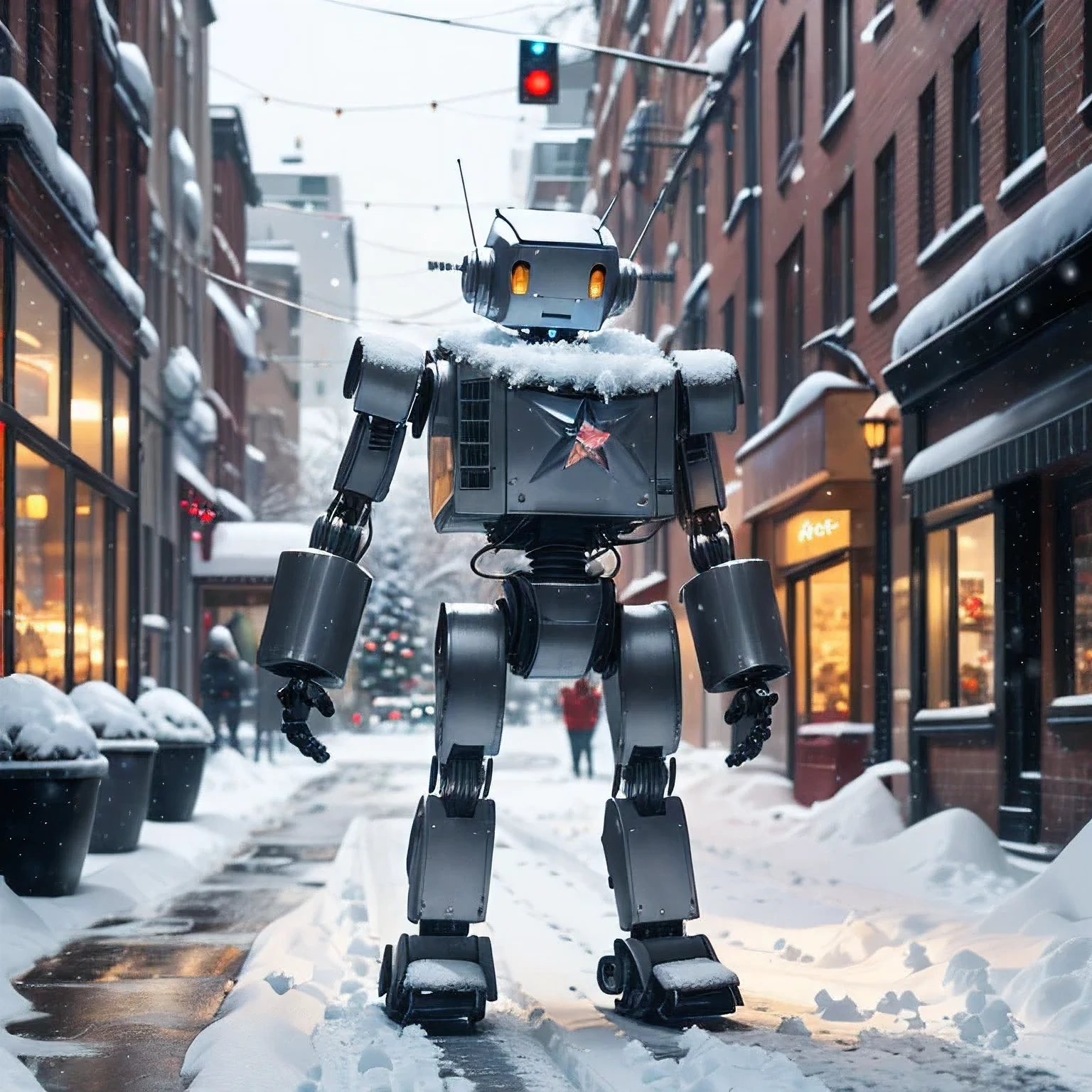 full body,  Christmas Tree Shaped Robot, Shining Star,  Santa's Clothes,  Silver Robot Body ,  Box Filled with Gifts , Sparkling Snowy Streetscape , Bright colors