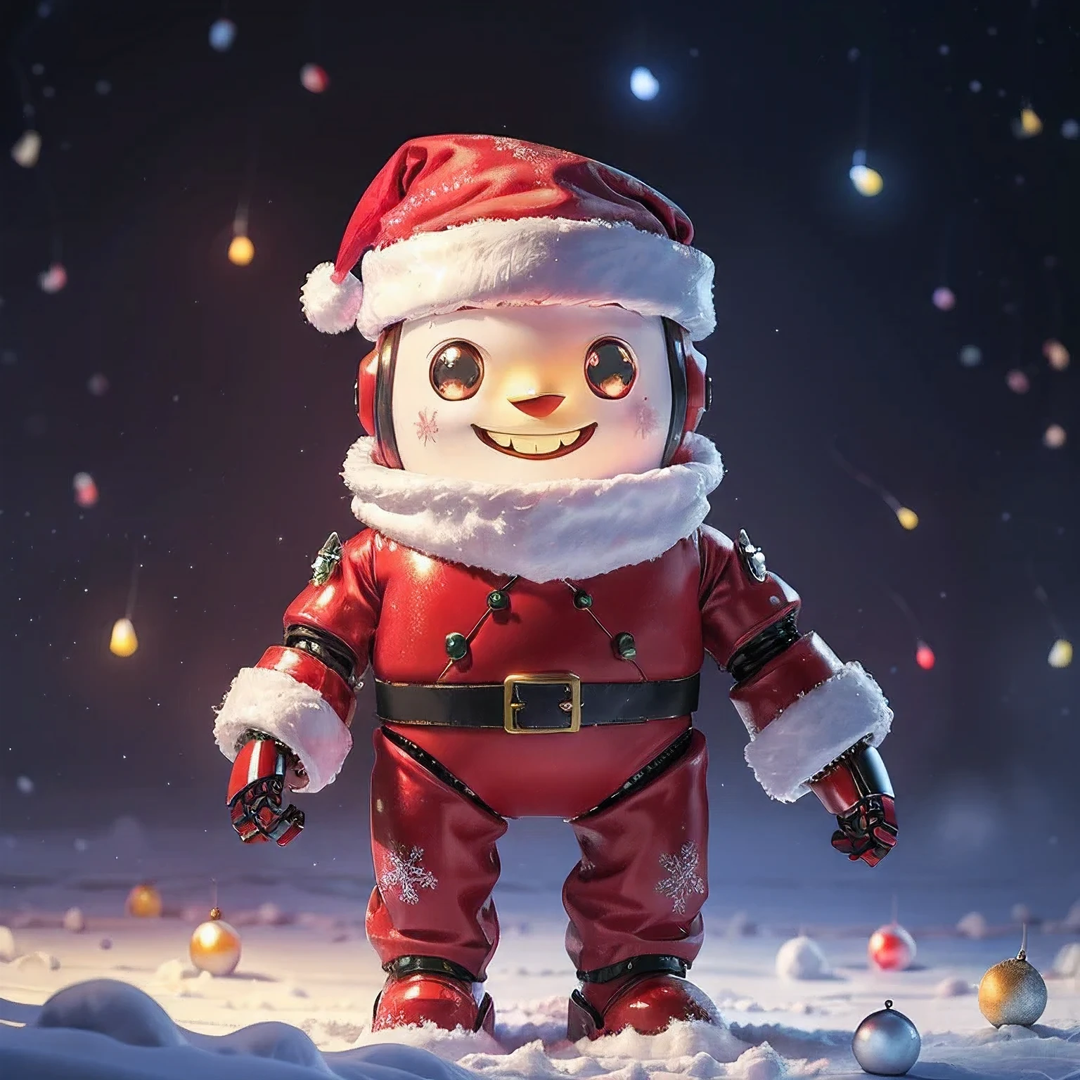 full body,  robot , Santa hat, Red suit,  holding a present,  snowy background , Twinkling lights ,  near the Christmas tree,  happy expression, Winter Night