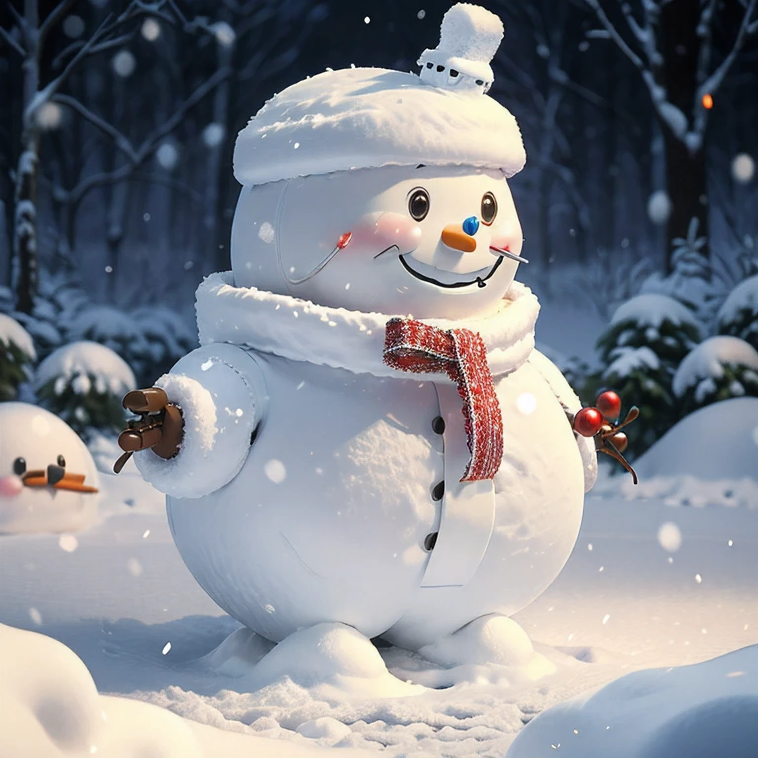 full body,  Snowman Robot ,  Christmas Ribbons , Snow scene in the background, Clear Glass Material ,  Christmas Ornaments, smile, Standing in the snow