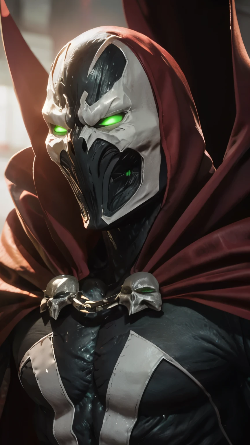 pixar style, closeup, focus on eyes, spawn2023, long red collar, red cowl, red cape, chains, skulls, glowing green eyes, textured suit, red gauntlets, spikes, dramatic lighting, 8k, muscular, uhd, best quality, award winning photo, rtx on, unreal engine 5, absurdres, long cape, large red boot, large gauntlet, flowing cape, asymmetrical red Armor,  mask, night, dramatic lighting, epic red cape, wide shoulders, spike shoulders, silver chain, cgi