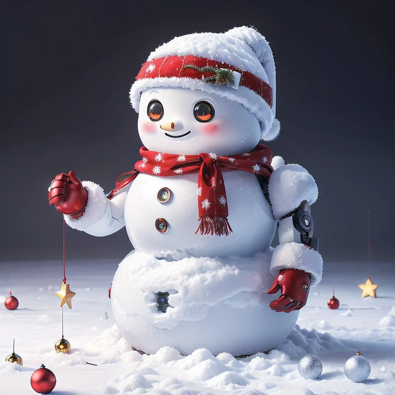 Snowfield,  Christmas,  robot ,  Snowman Shape , Cute Japanese  Idol with LED Eyes ,  red muffler ,  Steampunk Style , metal body ,  Glowing Star Ornament, Holiday Mood ,  full body