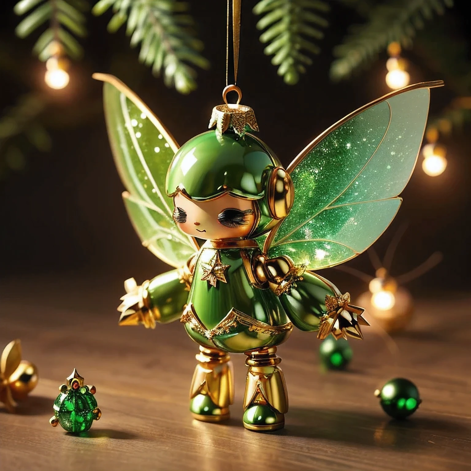  sparkling ornament , Small robot , Christmas fairy , wing, emerald green and golden, star-shaped ornament, Cute design,  Snowflakes ,  Illuminations,  gentle expression,  full body