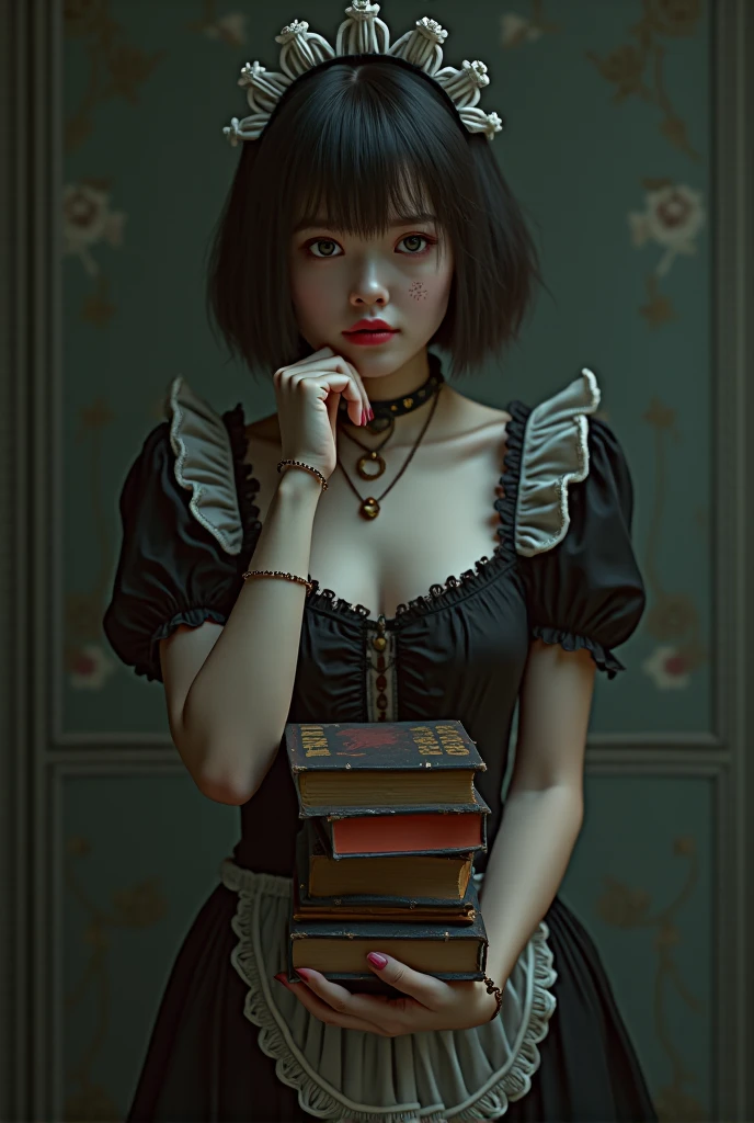 gothic girl, cosplay maid sexy,  short black hair, fringe, very light skin,,  Black background,  hyperrealistic style ,  big breasts, Holds books, egirl