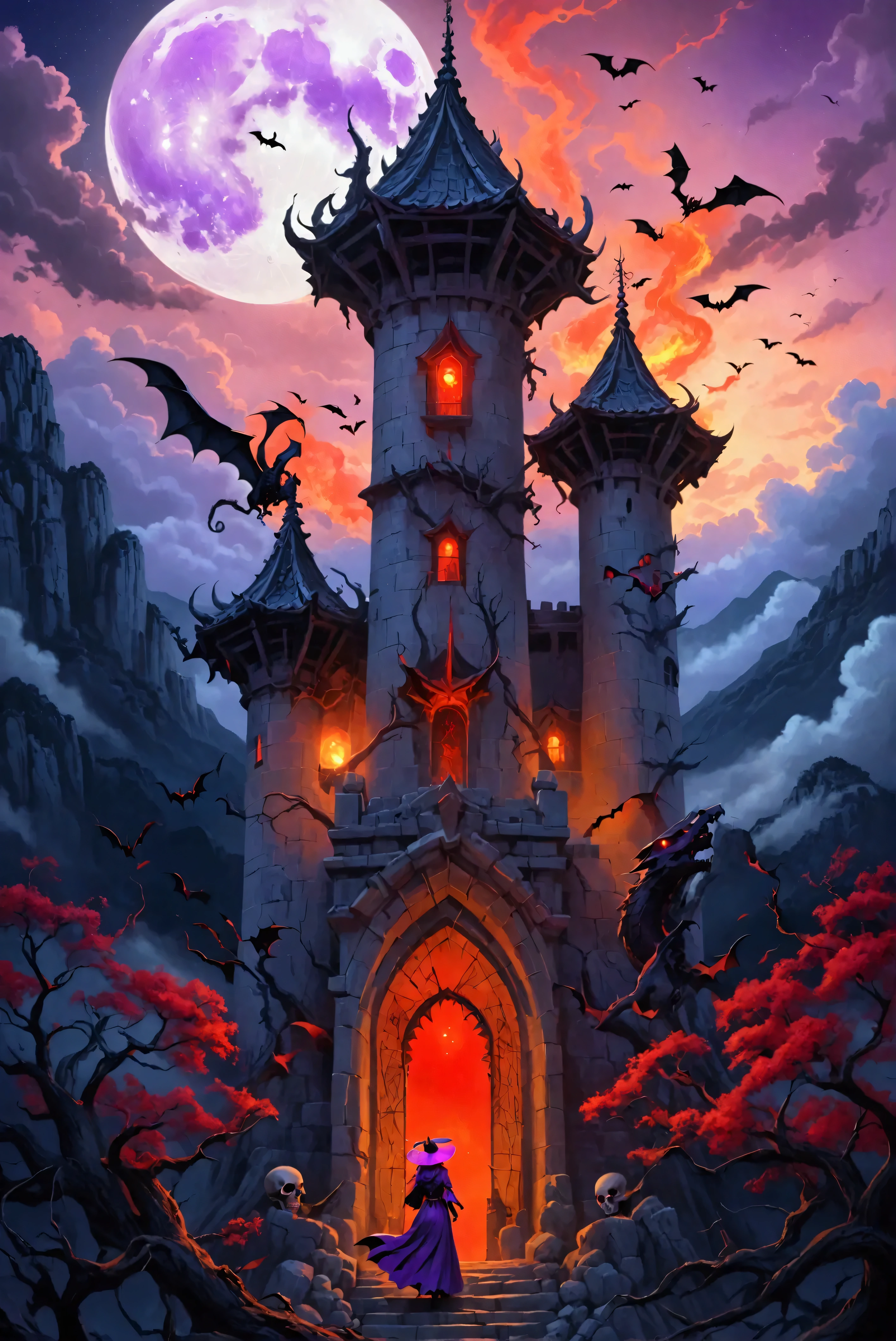  one woman　Tower entrance 　 is about to enter the female magician tower　 red eyes　Rear View Dead Tree 　creepy dark night sky 　 cloudy sky　The purple moon between clouds with a skull pattern 　In the mountains　 Gorgeous Very Tall Tower 　 Bats Are Flying 　 dragons are flying　 Surrounding Fire 　