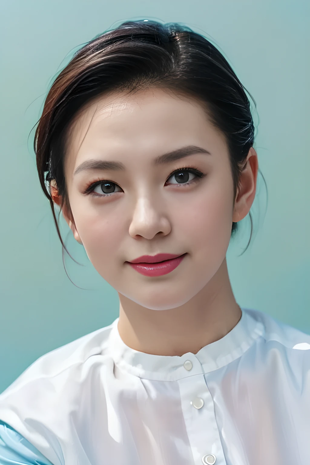 Highly realistic photo, ((masterpiece), (best quality), (raw photo), (photorealistic:1.4), Portrait of Vietnamese woman, (40 years old), ((black short hair)), ((wearing white shirt)), ((light blue background)) , photo taken by Sony A7IV
