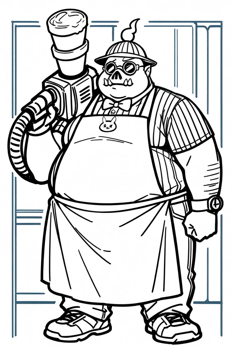 Front view, Roadhog, Overwatch, 2d, large, fat, obese, ice-cream man, button-up shirt, white striped apron, bow tie, matching ice-cream vendor hat, holding ice cream minigun, clean sketch, line art, fullbody, monochrome background