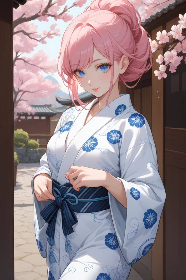 a girl, white skin, blue eyes, long pink straight hair, yukata outfit, 