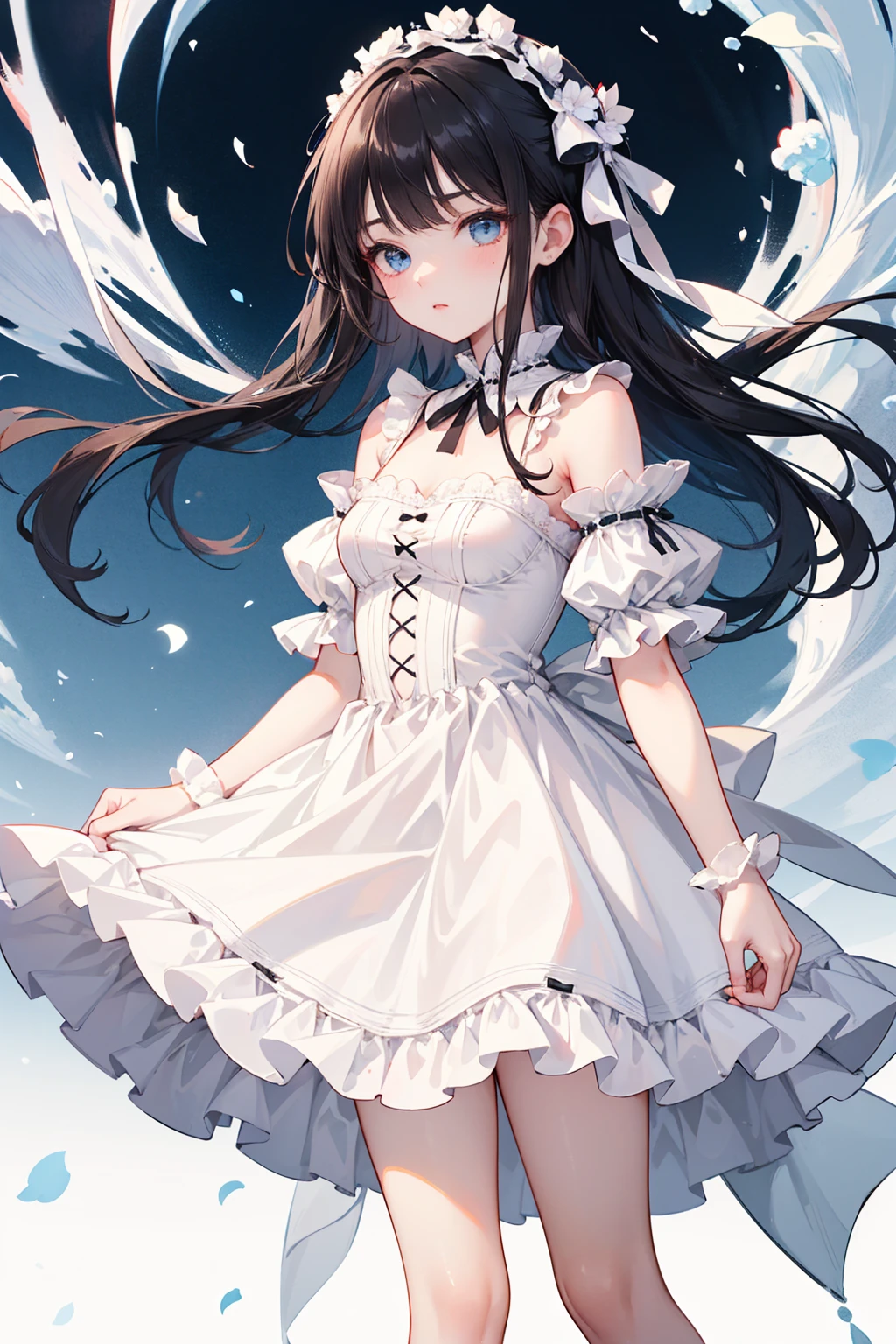 fluttery white dress, coat, black boots, absurdres, RAW photo, extremely delicate and beautiful, masterpiece, Best Quality, ultra high resolution, 32k, hyperrealistic, ultra-detailed, perfect figure, tearful mole, earring, whole body shot, short medium hair, wavy hair,