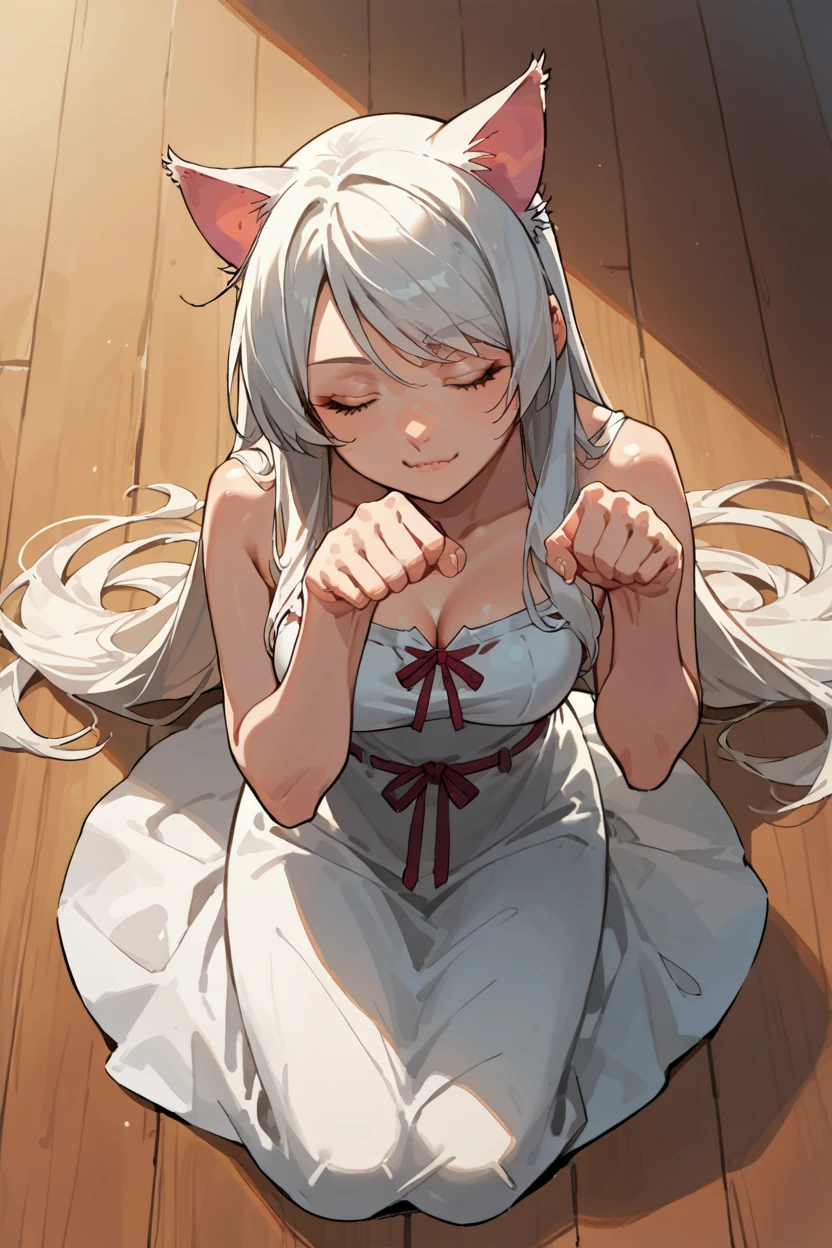  score_9,  score_8_above,  score_7_above,  score_6_above,   source  _animated, BREAK 1girl,  just blkhanekawa ,  very long hair ,  cat ears,   white dress , RED RIBBON, ( big breasts:0.6),  Sitting on the floor, aisle,  eyes closed, paw pose, Hand to face , happy,  Closed mouth 