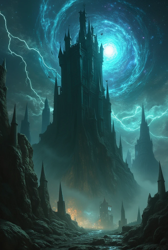 Medieval Dark Tower in the middle of a surreal, fantastical, dark tenebrous landscape. Cosmos stars. chain lightning strikes the world. Above a swirling vortex of time, with glowing particles, fragments of stones, and faint historical landmarks from different eras appearing in the mist below. The sky is a blend of vibrant, swirling colors — hues of gold, blue, and purple — with a band of bats and with streaks of light and stars forming trails, as if bending time itself. The overall atmosphere is awe-inspiring and magical, with intricates details showcasing the terror dark tower. 
