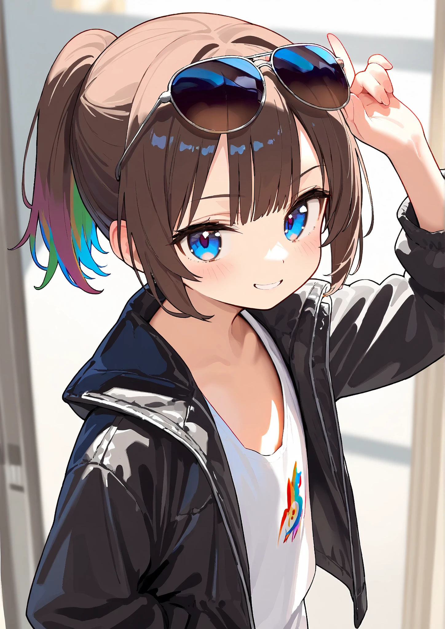 (best quality、masterpiece:1.2) (((1 girl))) Flat chest short hair、blue eyes、Brown hair ((sunglasses)) (vulgar smile) jacket、Ponytail、White shirt, rainbow hair color