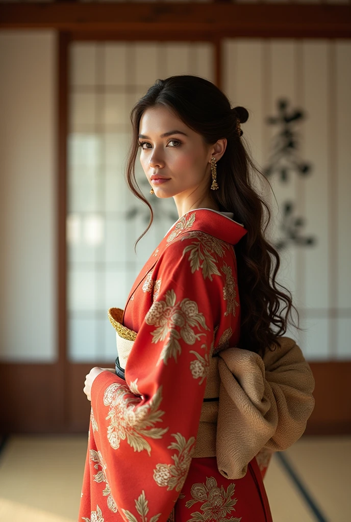 Russian woman , brown hair, wearing a kimono costume, full body. inside japanese house .