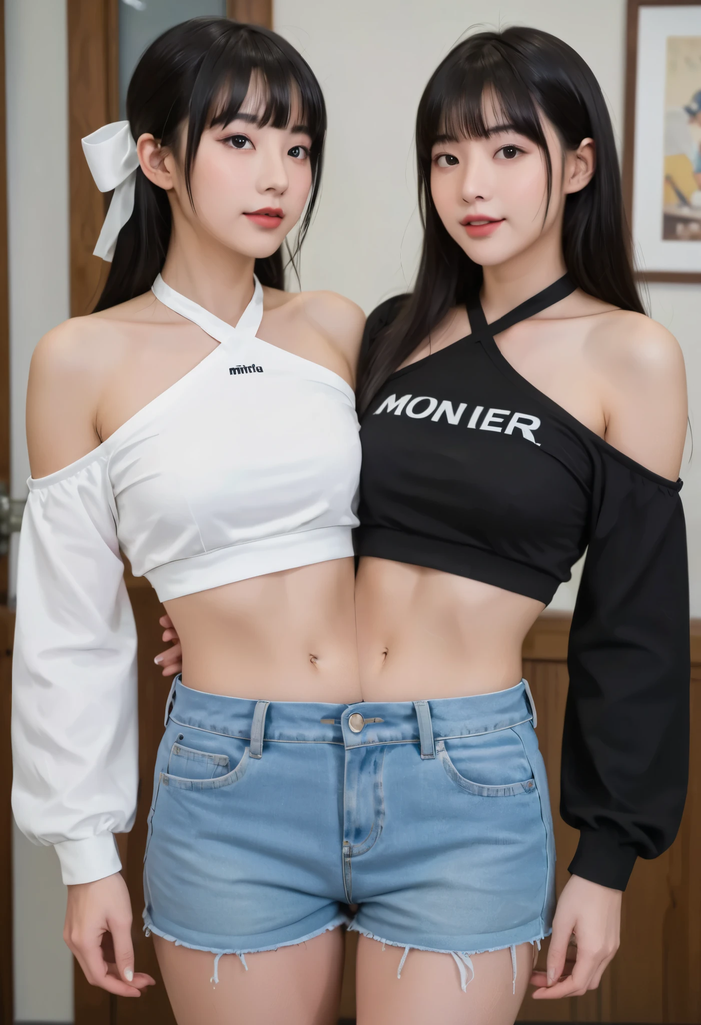 best resolution, 2 heads, woman with two heads, conjoined,tall, black hair curtain bangs with doulder length hair, mm, flirty expression, off-white halter top, long sleeves, off shoulder, shorts, midriff, crop top, midriff, at a bowling alley, indoors