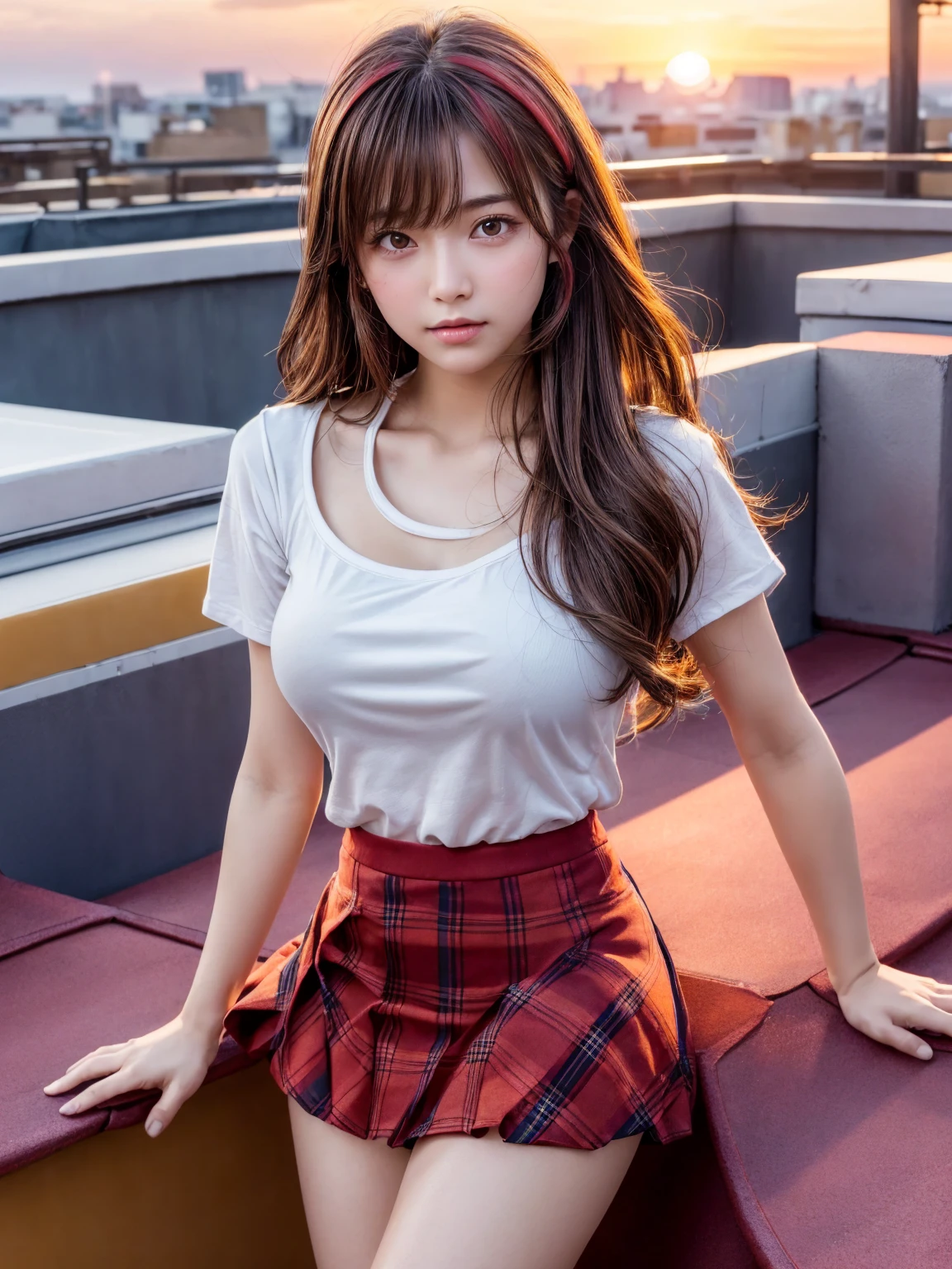 1girl, flipping up the skirt, panty shot, medium shot, high angle view, , anime style, dynamic pose, mischievous expression, detailed face, beautiful detailed eyes, beautiful detailed lips, extremely detailed face and eyes, long eyelashes, small breasts, slender body, flowing skirt, figure, high quality, 8K, photorealistic, hyper detailed, cinematic lighting, vibrant colors, warm color palette