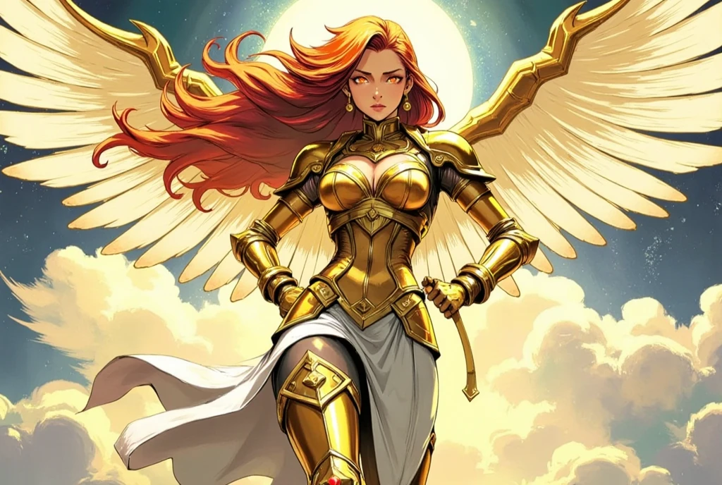 Create a detailed illustration in an epic fantasy anime style featuring a majestic female steampunk warrior angel with large, outstretched white wings. The angel has long, fiery red-orange hair flowing as if swept by the wind. She wears golden armor, richly adorned with intricate floral patterns and sculpted with baroque and Renaissance influences, perfectly fitted to her form. Her face is soft and graceful, her eyes radiating wisdom and power.  

Her armor transitions into a light, white fabric skirt, accentuating her celestial elegance. Her tall, decorated boots feature intricate golden details as well.  

The background showcases a sky filled with luminous, almost ethereal clouds, with golden light breaking through, evoking a heavenly or divine realm. The overall ambiance is dreamy and magical, with soft lighting effects and a serene sense of power emanating from this celestial figure. Use a color palette of gold, white, and pastel tones for the sky.