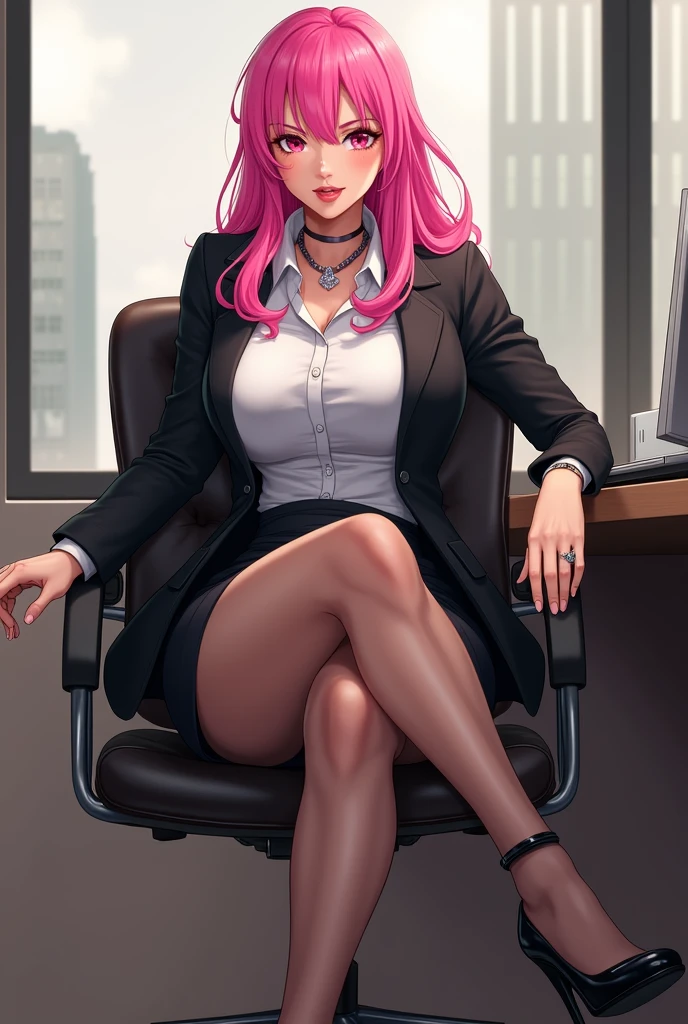 (hight resolution, High quality:1.3), Intricate details, Cinematic lighting, Sharp Focus, depth of fields,
ingridms, 1girl in, Solo, maturefemale, dark skinned female, Dark skin, Full body, Sitting, For office chairs,  crossed legs, Office, window, (Eyewear Hands:1.1), Read the newspaper, Office Table, a computer, window, sky
determined,
Pink hair, (Single hair bun:0.9), Glasses, Red-framed eyewear, Bangs, makeup, lip stick, (mole under mouth:0.8), Eyelashes, Yellow eyes, Detailed eyes, Perfect face,
(Secretary:1.2), Striped jacket, Bra, (Striped skirt:1.1), fishnets pantyhose, high-heels,
Large breasts, cleavage, areolae slip, (Nipple slip:0.8),