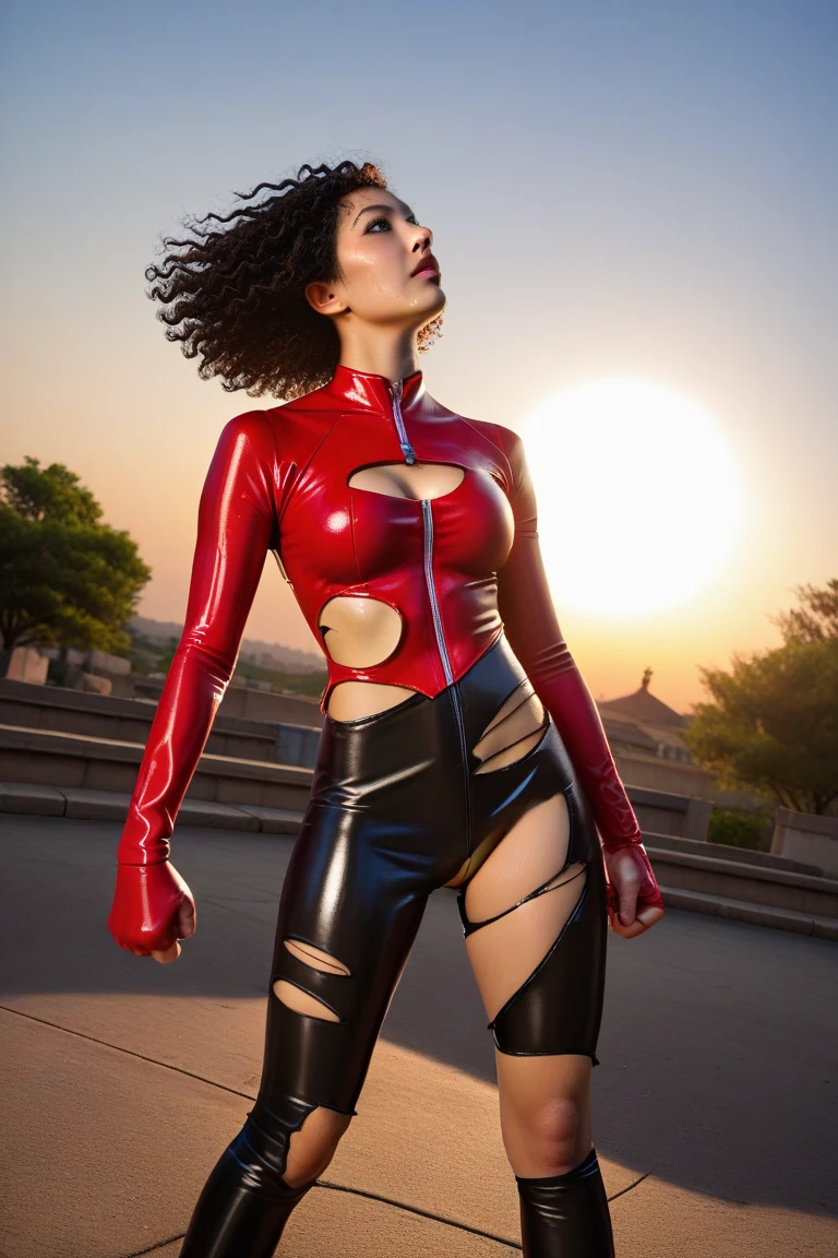 18years-old Japanese girl, very short cut, red hair, super hero costume, no sleeves, dirty costume, ((torn costume: 1.8)), fighting pose, (public hair: 1.3), nsfw, outdoor, (sunset), ruins, (best quality), (Very Aesthetic), (super detailed), cowboy shot, (photorealistic), looking up, (sweaty: 1.5), dutch angle, 