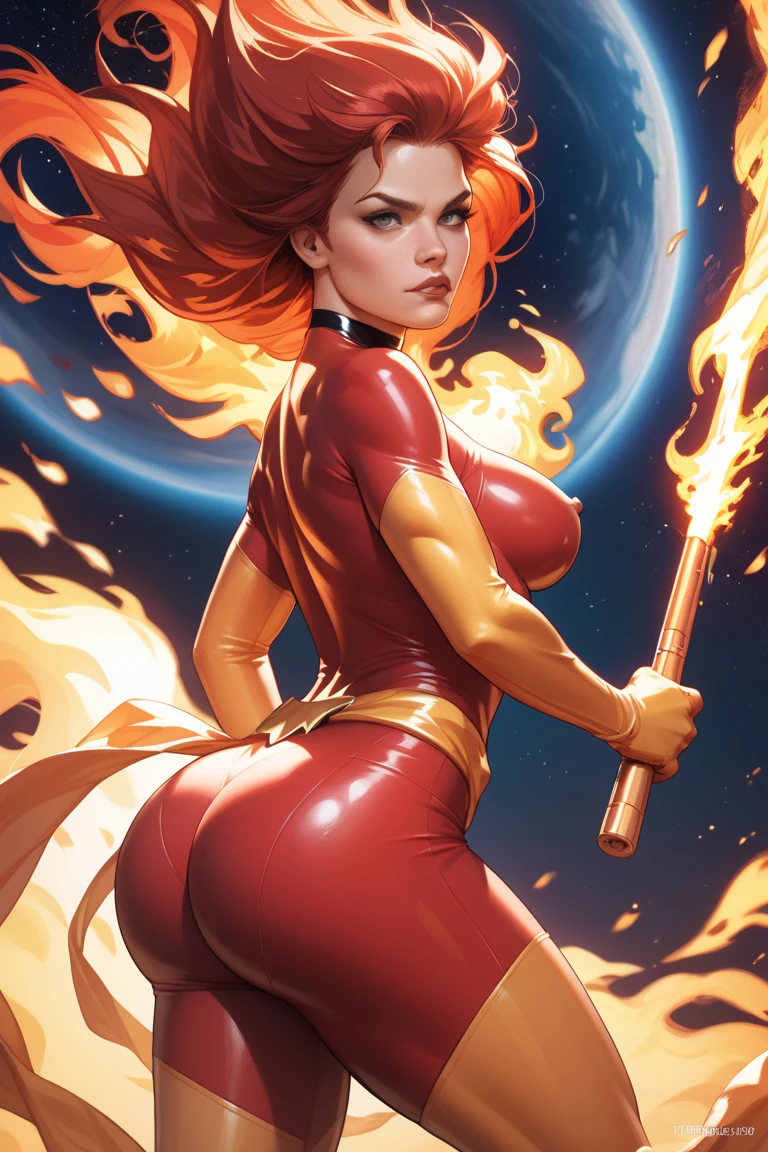 Superheroine flying in space,fire wielding powers,burning aura,thigt suit,deep cleveage,big tits,big ass,bright face,bright image,very sexy,detailled abs