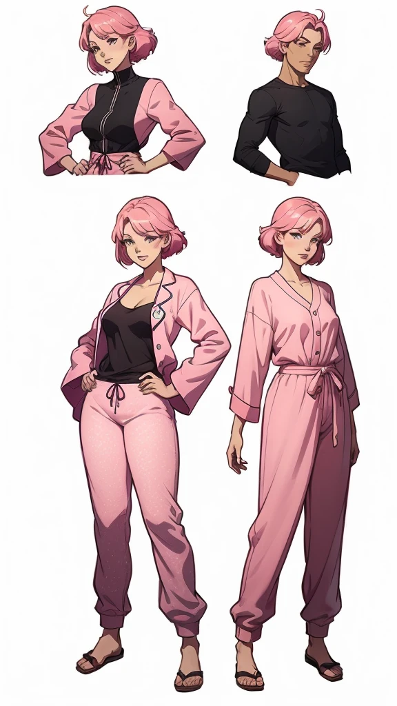 a pair in pink pajamas ,  side by side ,  high-quality character design , full-body character design,  highly detailed character design , full-body character drawing,  anime character design, full-body character,  single-character full-body character, anime  full body illustration ,  Full body of a single character , cute art style,  full body illustration ,  anime character, anime visual of a cute girl