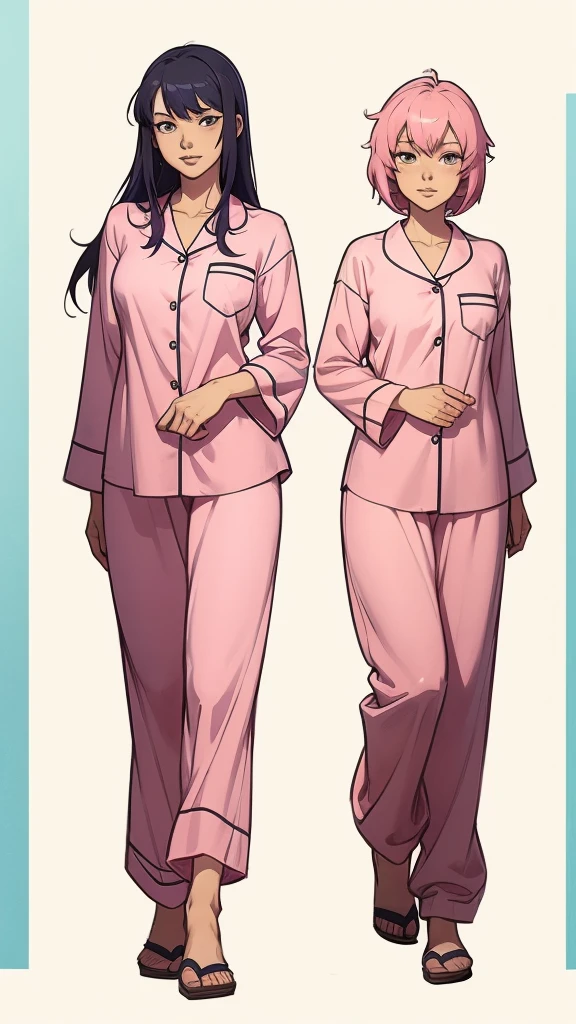 a pair in pink pajamas ,  side by side ,  high-quality character design , full-body character design,  highly detailed character design , full-body character drawing,  anime character design, full-body character,  single-character full-body character, anime  full body illustration ,  Full body of a single character , cute art style,  full body illustration ,  anime character, anime visual of a cute girl