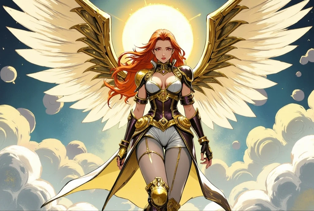 Create a detailed illustration in an epic fantasy anime style featuring a majestic female steampunk warrior angel with large, outstretched white wings. The angel has long, fiery red-orange hair flowing as if swept by the wind. She wears golden armor, richly adorned with intricate floral patterns and sculpted with baroque and Renaissance influences, perfectly fitted to her form. Her face is soft and graceful, her eyes radiating wisdom and power.  

Her armor transitions into a light, white fabric skirt, accentuating her celestial elegance. Her tall, decorated boots feature intricate golden details as well.  

The background showcases a sky filled with luminous, almost ethereal clouds, with golden light breaking through, evoking a heavenly or divine realm. The overall ambiance is dreamy and magical, with soft lighting effects and a serene sense of power emanating from this celestial figure. Use a color palette of gold, white, and pastel tones for the sky.