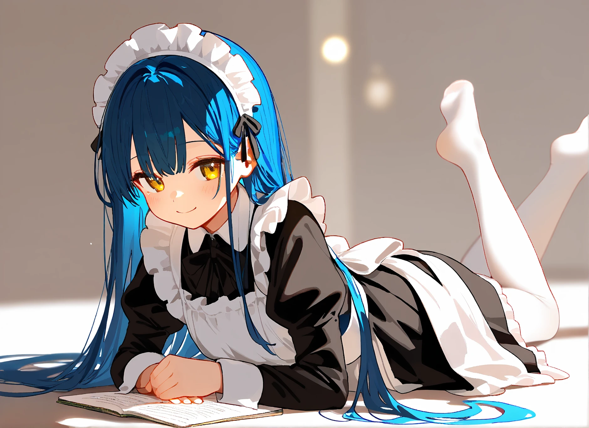 1girl, solo, maid, white light burn blur blue long hair, apron, maid headdress, maid apron, dress, oranye yellow yellow eyes, white pantyhose, frills, long sleeves, pantyhose, smile, black dress,
simple background, white background,
detailed beautiful eyes, perfect body, [nsfw:0.88]
(detailed light), (an extremely delicate and beautiful), volume light, best shadow,cinematic lighting, Depth of field, handwritten, doodle
nagi,