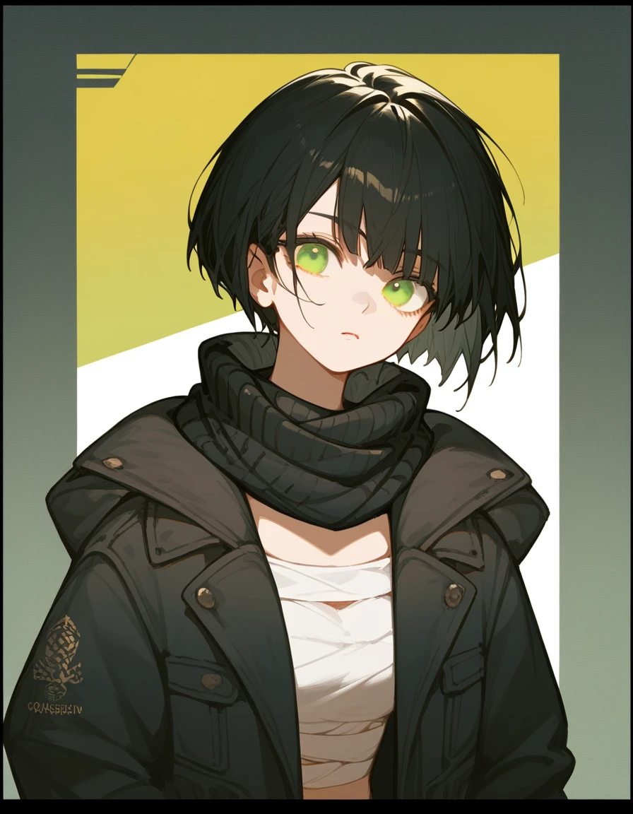 girl,boyish,Short hair, light black hair , in yellow green 2layer eyes, Trousers, jacket ,There is a bandage on the neck ,Black eyelet border , thin, dry , in the empty eye,Wear a black scarf,