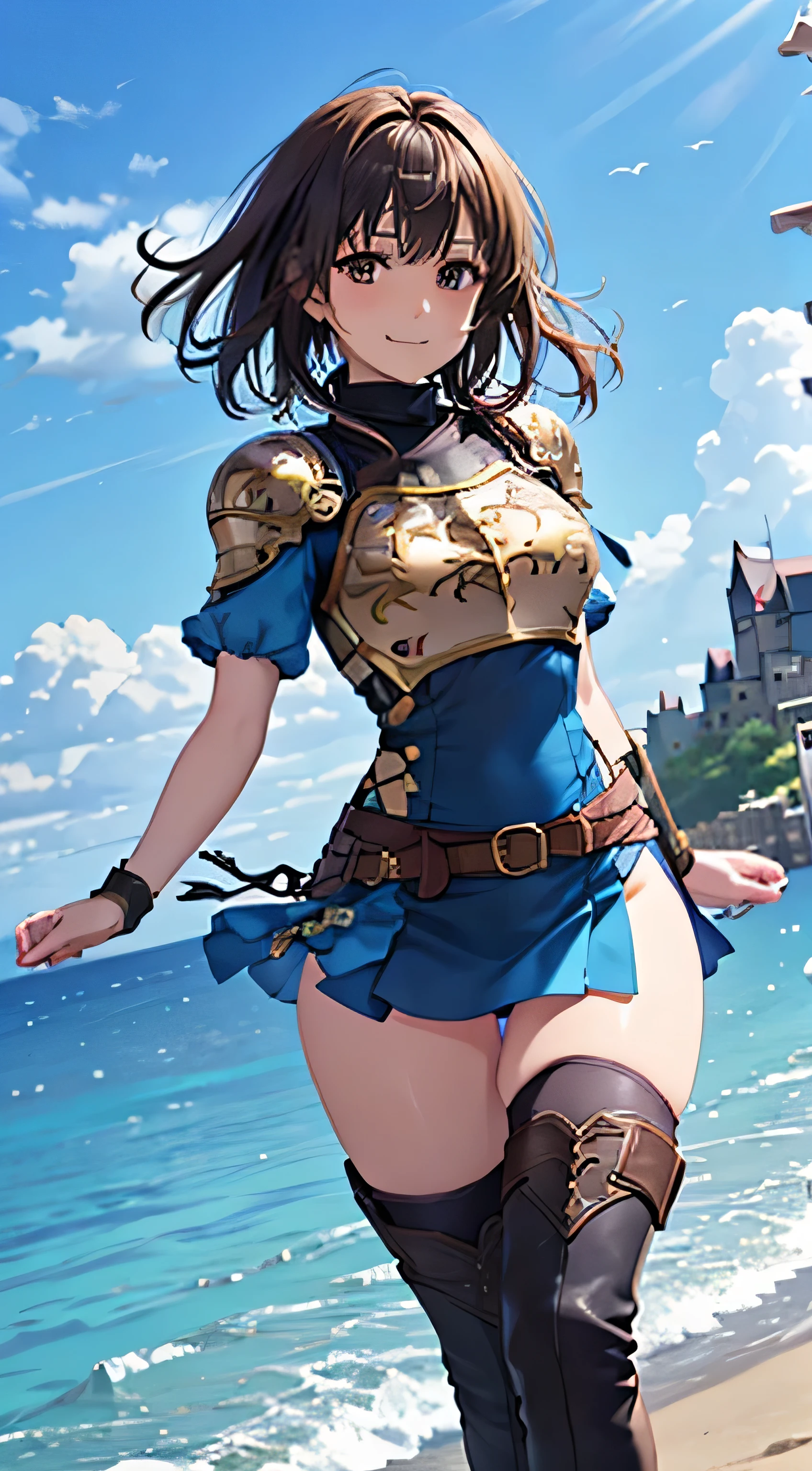 (( ,  top quality,  ,   Pixel Perfect , 4K,))),  1 Woman , 、 (( short wave hair、 dark brown hair )), ((  brown eyes ,   Beautiful eyelashes ,  realistic  eyes)), ((   detailed face   , )), ((  smooth texture:0.75,  realistic  texture:0.65,  realistic :1.1,   anime CG style)),   small bust facing upward ,   dynamic angle ,   perfect body , (( , ,, Gold Shoulder Armor  ,, Gold Breastplate, ,  Short Sleeve Turtleneck Blue Black Dress   ,Blue Black Flare Skirt   ,   Knee High Boots ,Arm guard , belt)), Golden Hair Ornament  、  cross necklace  、  sexy poses 、(shy cute smile ),  staring upwards 、 lean forward with your butt sticking out 、 style、 the wind is blowing 、 hold the skirt with your hands、Sexy red black lace panties are visible、Show your ass、、、、、)、 Beach with a view of the castle 、 beautiful ocean、、