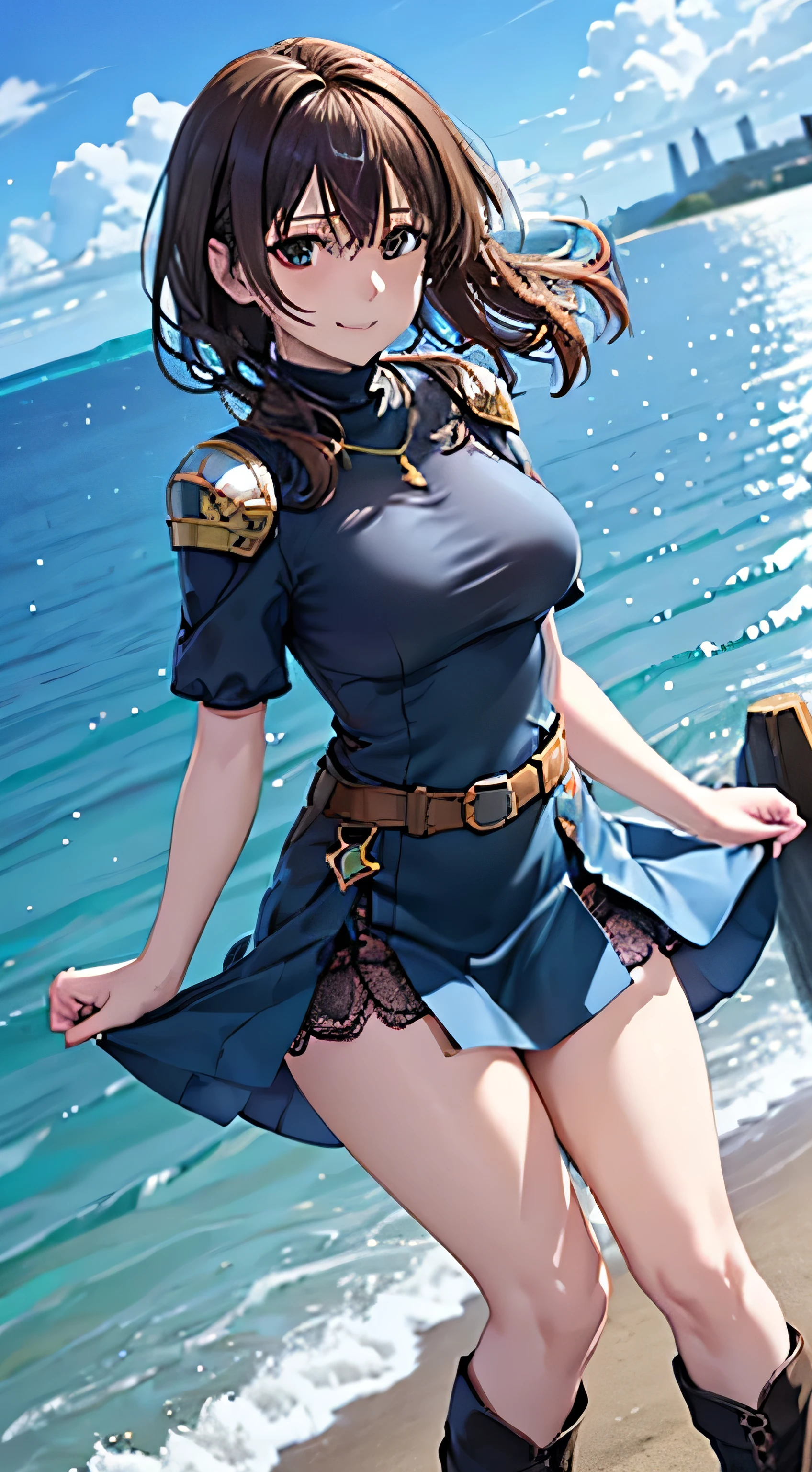 (( , top quality, , Pixel Perfect , 4K,))), 1 Woman , 、 (( short wave hair、 dark brown hair )), (( brown eyes , Beautiful eyelashes , realistic eyes)), (( detailed face , )), (( smooth texture:0.75, realistic texture:0.65, realistic :1.1, anime CG style)), small bust facing upward , dynamic angle , perfect body , (( , ,, Gold Shoulder Armor ,, Gold Breastplate, , Short Sleeve Turtleneck Blue Black Dress ,Blue Black Flare Skirt , Knee High Boots ,Arm guard , belt)), Golden Hair Ornament 、 cross necklace 、 sexy poses 、(shy cute smile ), staring upwards 、 lean forward with your butt sticking out 、 style、 the wind is blowing 、 hold the skirt with your hands、Sexy red black lace panties are visible、Show your ass、、、、、)、 Beach with a view of the castle 、 beautiful ocean、、