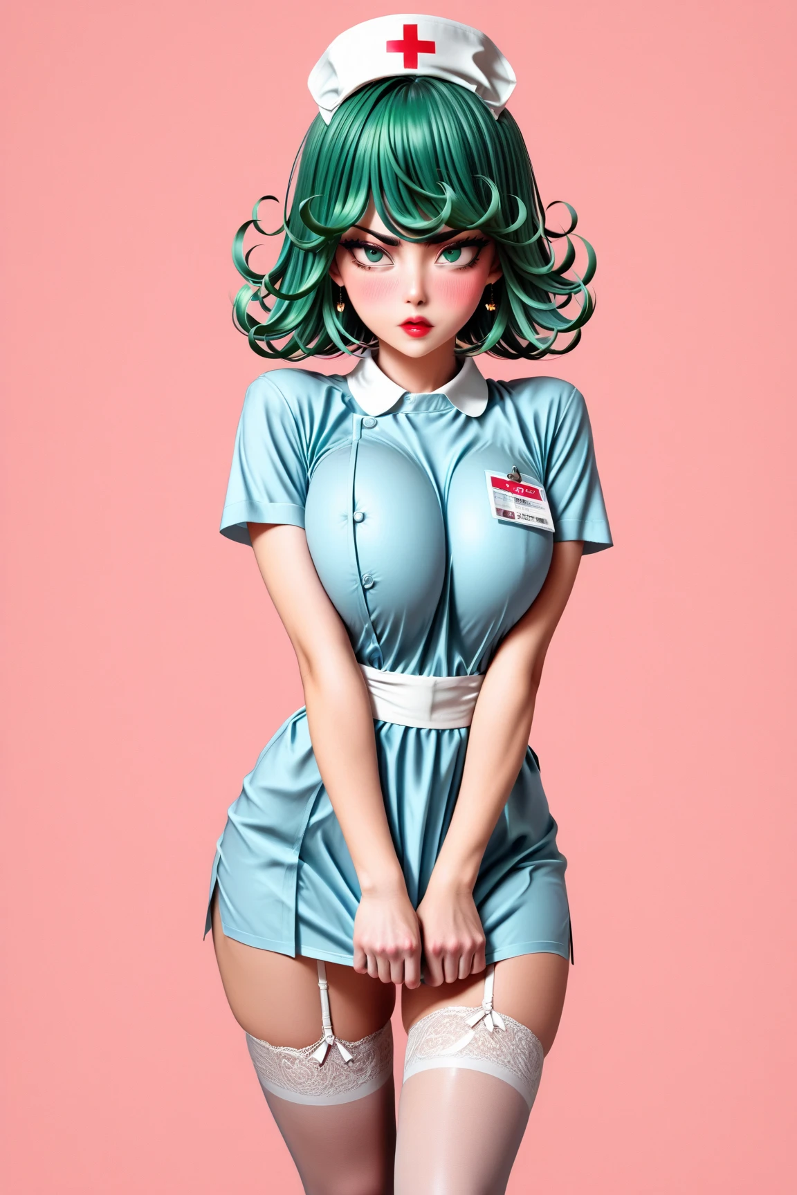 1 very young japanese girl, tatsumaki from Drsgonball Z, green hair, green eyes, blushing, Shy, Red lips, pale face, Sweet, big breasts, best quality, ((masterpiece)), (detailed), vintage, elegant, sophisticated, big expressive eyes, ulzzang, high school girl、Slender、Slender body、asian high school girl, solid pink background, heavy blushing, submissive, sexy pose,  nurse uniform, slender legs, thigh highs, skinny, standing, 
