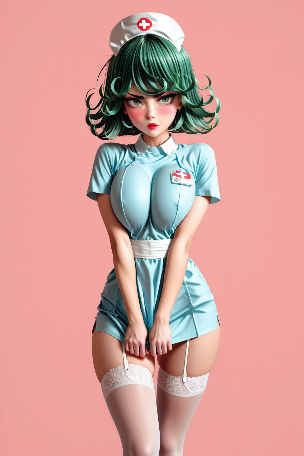 1 very young japanese girl, tatsumaki from Drsgonball Z, green hair, green eyes, blushing, Shy, Red lips, pale face, Sweet, big breasts, best quality, ((masterpiece)), (detailed), vintage, elegant, sophisticated, big expressive eyes, ulzzang, high school girl、Slender、Slender body、asian high school girl, solid pink background, heavy blushing, submissive, sexy pose,  nurse uniform, slender legs, thigh highs, skinny, standing, 
