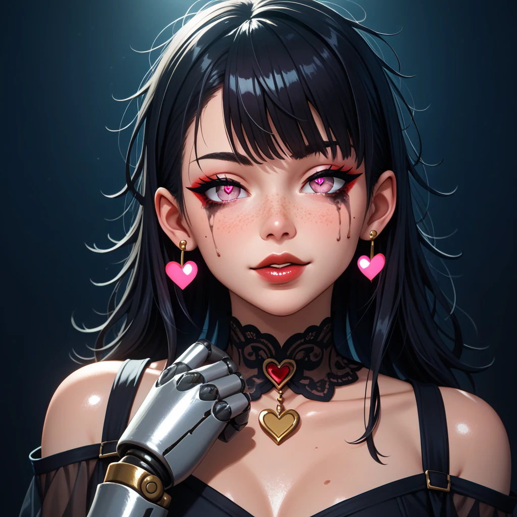 1 girl, Japanese, 4k, robotic limbs, soft skin, texturized skin, long whavy black hair with bangs, shiny pink eyes, red eyeliners, shining red lips, natural makeup, freckles, round gold earings, messy hair, blank face, heart shaped eyes, in a dark apartment, morning lighting, bright colors, looking directly to the viewer, shoulders up.