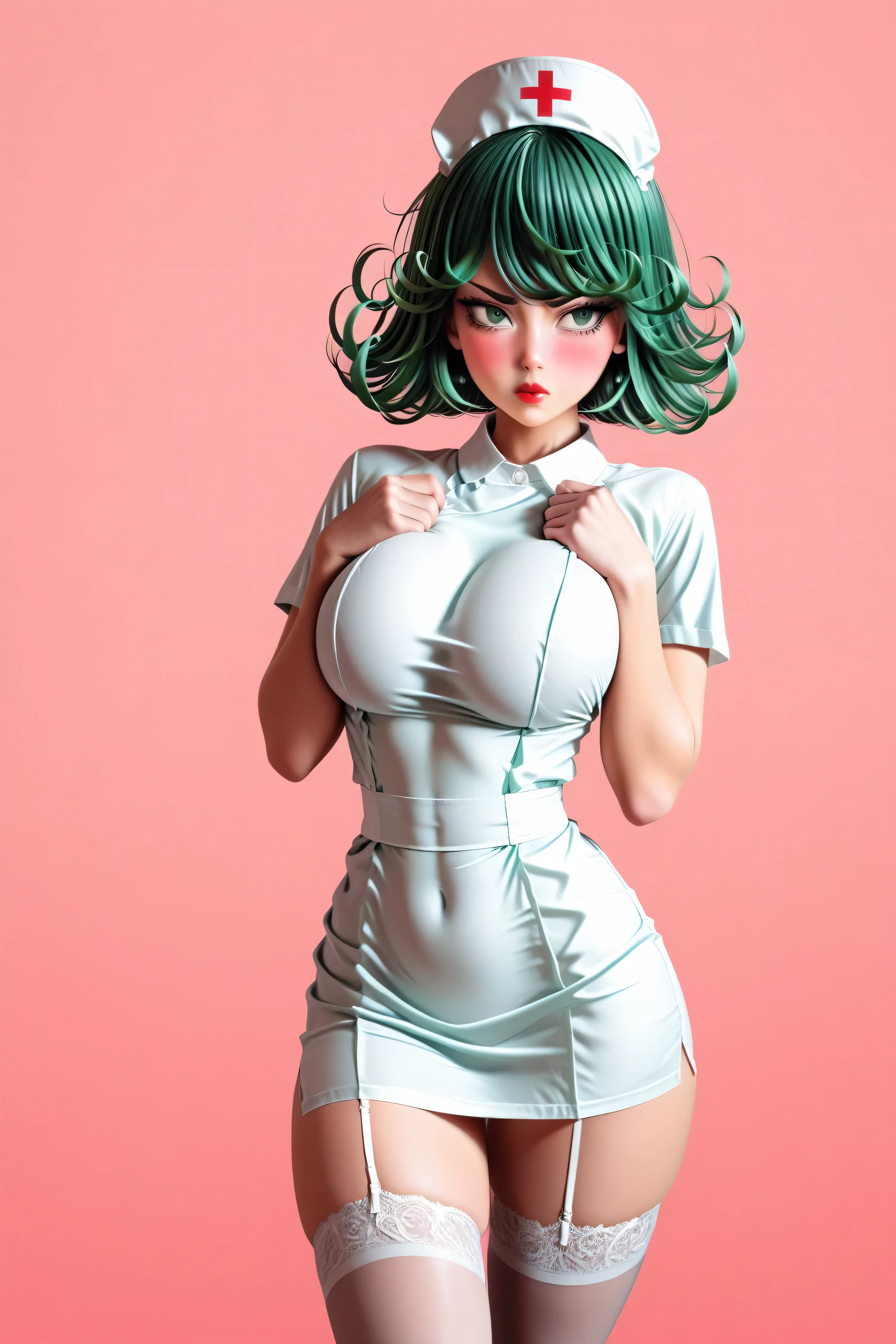 1 very young japanese girl, tatsumaki from Drsgonball Z, green hair, green eyes, blushing, Shy, Red lips, pale face, Sweet, big breasts, best quality, ((masterpiece)), (detailed), vintage, elegant, sophisticated, big expressive eyes, ulzzang, high school girl、Slender、Slender body、asian high school girl, solid pink background, heavy blushing, submissive, sexy pose,  nurse uniform, slender legs, thigh highs, skinny, standing, 
