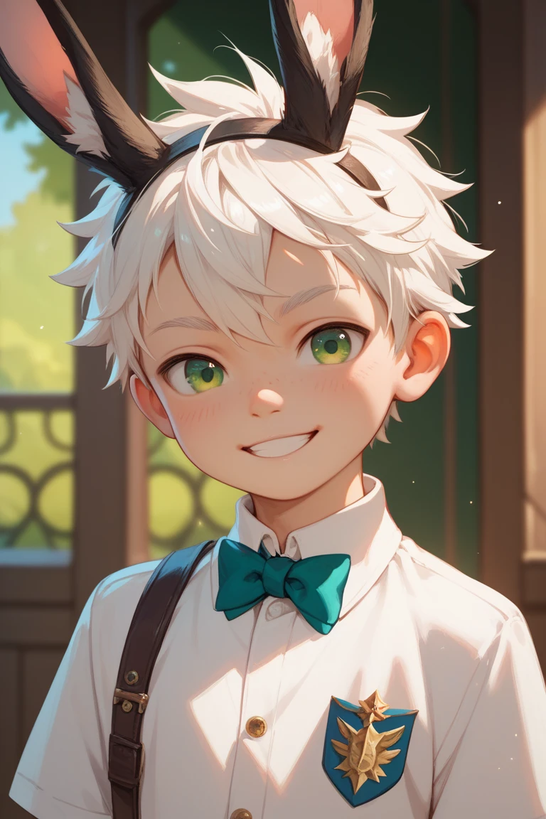 ,good quality,high quality,masterpiece,looking at viewer,SHOTA,WHITE hair,short hair,GREEN eye,facing front,rabbit ears ear,standing,SMILE,BLACK HORN,smooth anime boy