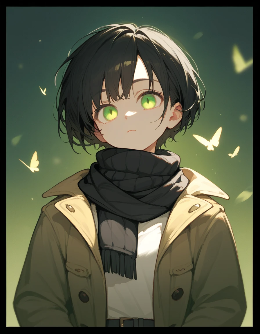 girl,boyish,Short hair, light black hair , in yellow green 2layer eyes, Trousers, jacket ,Black eyelet border , thin, dry , in the empty eye,Wear a black scarf,cute