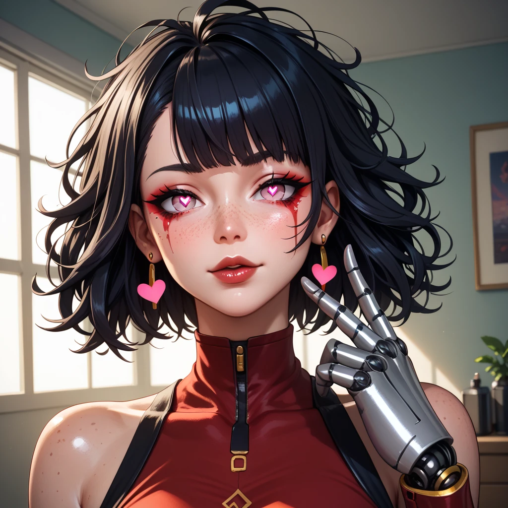 1 robot girl, Japanese, 4k, robotic limbs, soft skin, texturized skin, long whavy black hair with bangs, shiny pink eyes, red eyeliners, shining red lips, natural makeup, freckles, round gold earings, messy hair, emotionless face, heart shaped eyes, in a apartment, morning lighting, bright colors, looking directly to the viewer, shoulders up.