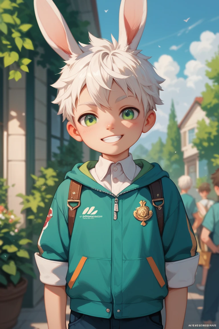 ,good quality,high quality,masterpiece,looking at viewer,SHOTA,WHITE hair,short hair,GREEN eye,facing front,rabbit ears,standing,SMILE,smooth anime boy