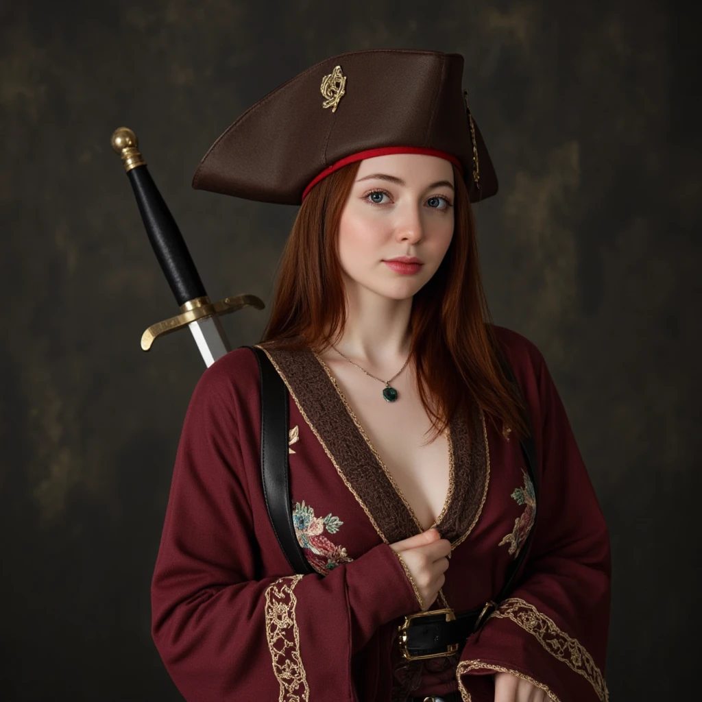  Pirate girl with red hair and a pirate hat with a sword,  photorealistic picture,  inspired by Magali Villeneuve ,  cgsociety contest winner, fantasy art, karol buck uhd, Pirate woman , Pirate Queen, hyperrealistic fantasy art, deviantart artstation cgscosiety,  seductive female Mesmer , Pirate Captain ,  pirate clothes ,  pirate portrait 
