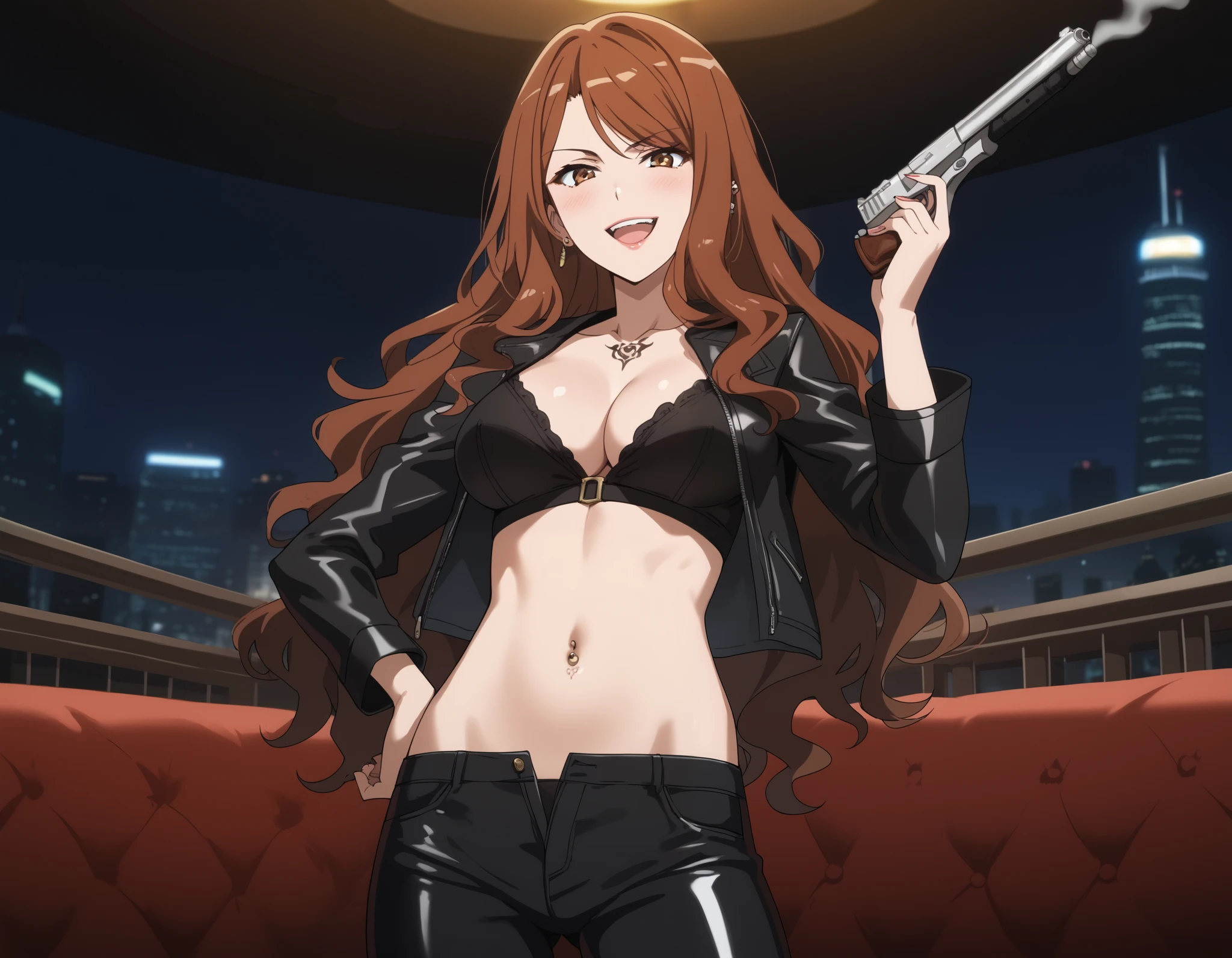 mugino shizuri, long hair, wavy hair, brown hair, brown eyes,  source_anime, medium breasts,  1girl, solo, ear piercing, long hair, blush, lipstick,Hot girl, baddie, smoking, sensual, attractive, large breasts,  , cityscape, , nightclub, , city lights,,bar background, inside bar,indoors,masterpiece, best quality, highly detailed, a girls with a gun, evil smile , open mouth, sexy gaze, badass
pose , evil smile, smile, (nsfw) not safe for work, guns blazing, anime girl with long hair, beautiful long
haired girl, navel, evil expression, exposed belly, exposed navel, exposed midriff, exposed lower belly,
long black pants, crop top, cleavage, unbuttoned leather pants ,open fly, low rise black leather pants,
leather jacket, holding a gun, holding pistol, navel piercing , cleavage, unbuttoned shirt,shirt, knot,,,dragon tattoo, tattoo on body, tattoo midriff, rose tattoo, shiny skin, open arms sideway, arms T-pose, smirk, standing, anime girl T posing