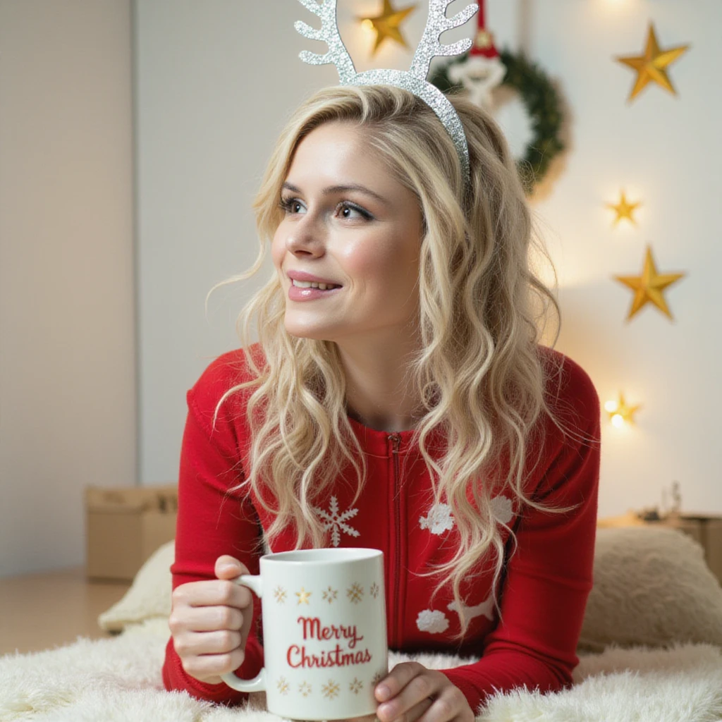 A young woman in her 30s with long light blonde hair. The woman smiles and looks away. The woman is wearing a bright red Christmas jumper with traditional winter patterns: snowflakes and reindeer. On her head is a hoop with reindeer antlers decorated with small silver sequins and spot lights, adding to the festive mood. The woman's face is well lit. The woman is lying on a fluffy white blanket, leaning on her elbows and holding a white mug with a Christmas design and the words ‘Merry Christmas’ in red. The mug is decorated with snowflakes and small patterns. The background of the image is light and cosy, with white and soft beige shades predominating. In the back part of the frame you can notice Christmas decor: garlands in the form of glowing stars on the wall and a Christmas wreath, creating a festive atmosphere. Also visible is part of a cushion and a small gift wrapped in brown paper. The overall mood of the image is festive, warm and cosy, perfectly reflecting the spirit of Christmas and the winter season.