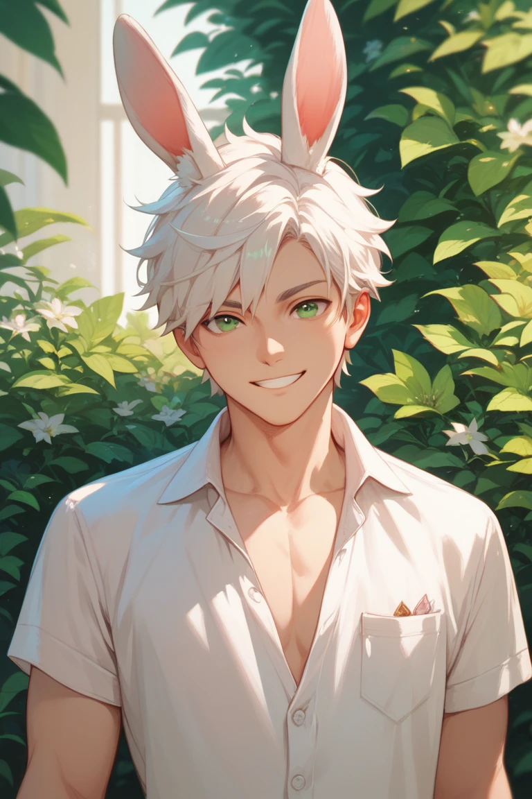 ,good quality,high quality,masterpiece,looking at viewer,1 BOY,WHITE hair,short hair,GREEN eye,facing front,rabbit ears,standing,SMILE,smooth anime boy