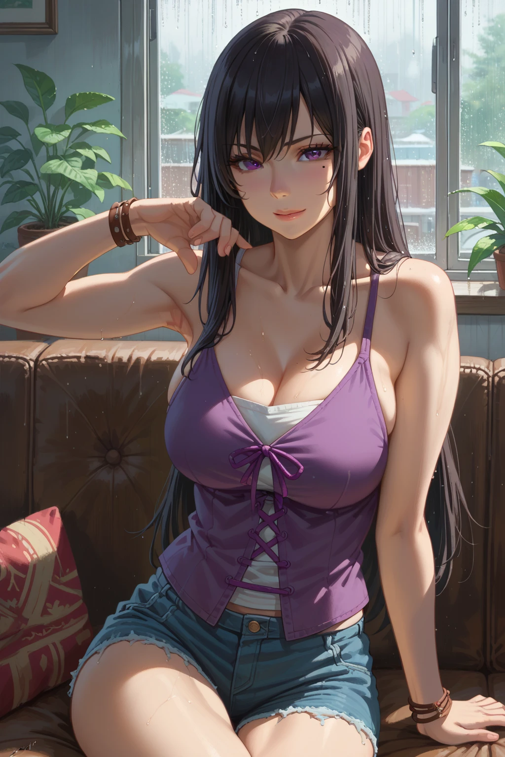 score_9, score_8_up, score_7_up, source_anime, cowboy shot, looking at viewer, seductive smile, ntsmsg, mole under eye, large breasts, purple eyes, black hair, long hair, purple cross-laced vest, grey undershirt, midriff, sleeveless, cleavage, denim shorts, bracelet, sitting, stretching, indoors, couch, window, rain, 