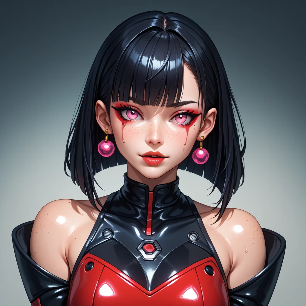 1 robot girl, Japanese, 4k, robotic limbs, soft skin, texturized skin, long whavy black hair with bangs, shiny pink eyes, red eyeliners, shining red lips, natural makeup, freckles, round gold earings, emotionless face, in a apartment, morning lighting, bright colors, looking directly to the viewer, shoulders up.