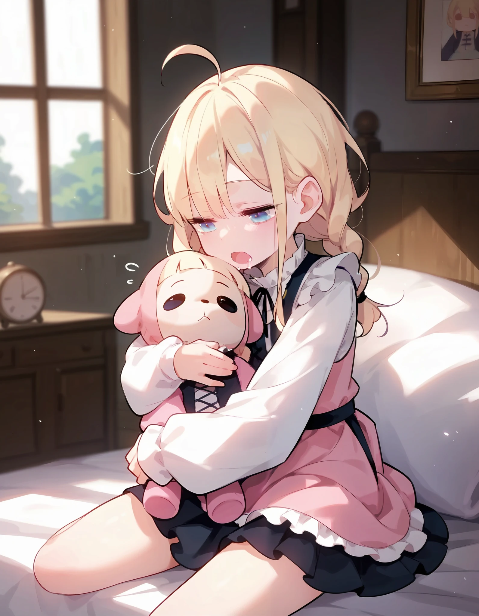 score_9,score_8_up,score_7_up, masterpiece,ultra-detailed CG illustration,top quality, best quality, bedroom,1girl,solo, ahoge,frilled socks,  stuffed toy, expressionless, long hair, open mouth, :<,:d, braid, bangs, sitting on bed, long sleeves, wide sleeves, dress,half-closed eyes, sleepy,saliva,messy hair, hair over face, pale skin,shiny skin, sleepy bubbles, holding doll, medieval,half-closed eyes, hands in sleeves,biting doll,petite, ash blonde hair, light blue eyes