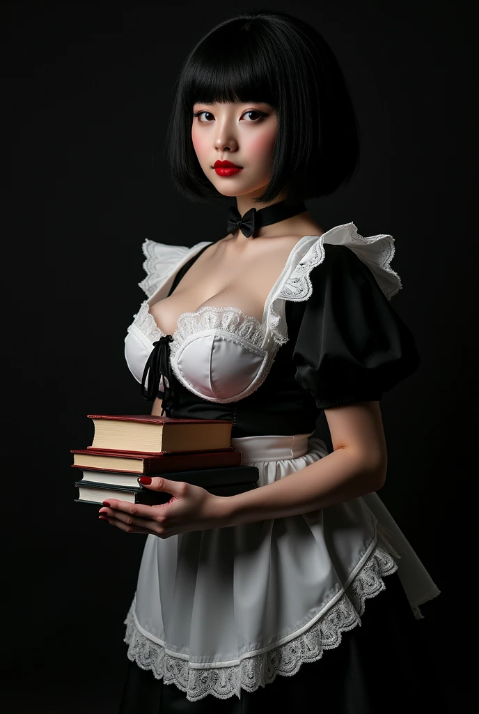 gothic girl, cosplay maid sexy,  short black hair, fringe, very light skin,,  Black background, estilo hiper realistic ,  big breasts, Holds books, egirl,  realistic , professional photography