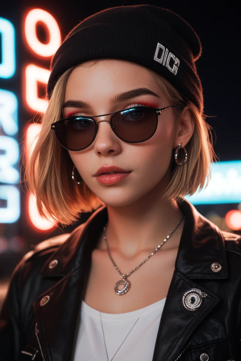 Face close up, alternative girl, watching over black sunglasses, jacket, necklace, neon light reflections on skin, ear ring, makeup, skin imperfection, short hair, beanie, neon lights background, low light, depth of field, highly detailed, high contrast, film grain, Rim Lighting, Long Exposure, DSLR