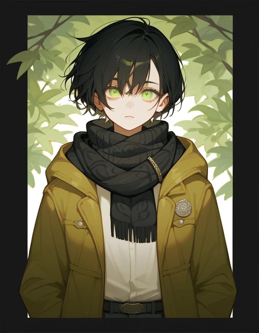 girl,boyish,Short hair, light black hair , in yellow green 2layer eyes, Trousers, jacket ,Black eyelet border , thin, dry , in the empty eye,Wear a black scarf,